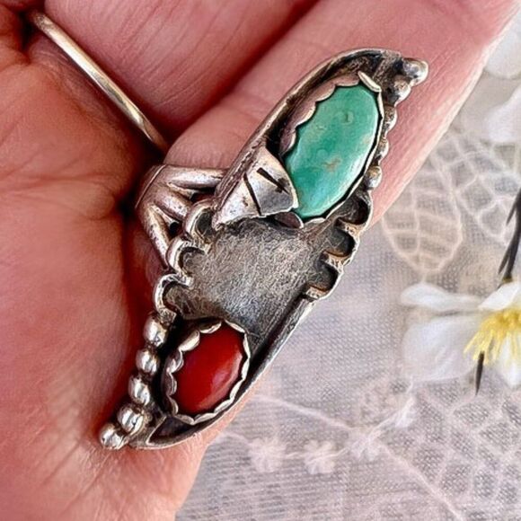 Vintage 60's/70’s Natural Turquoise & Coral Solid Sterling Ring - Picture 10 of 10